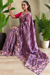 Quixotic Purple Embroidery Work Crush Silk Saree With Majestic Blouse Piece