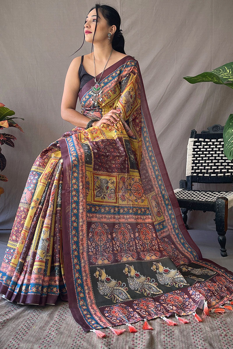 Effulgent Mustard Kalamkari Printed Saree With Ornate Blouse Piece