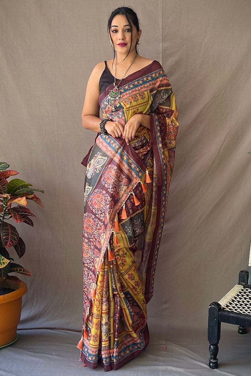 Effulgent Mustard Kalamkari Printed Saree With Ornate Blouse Piece