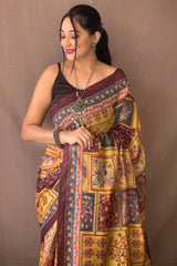 Effulgent Mustard Kalamkari Printed Saree With Ornate Blouse Piece