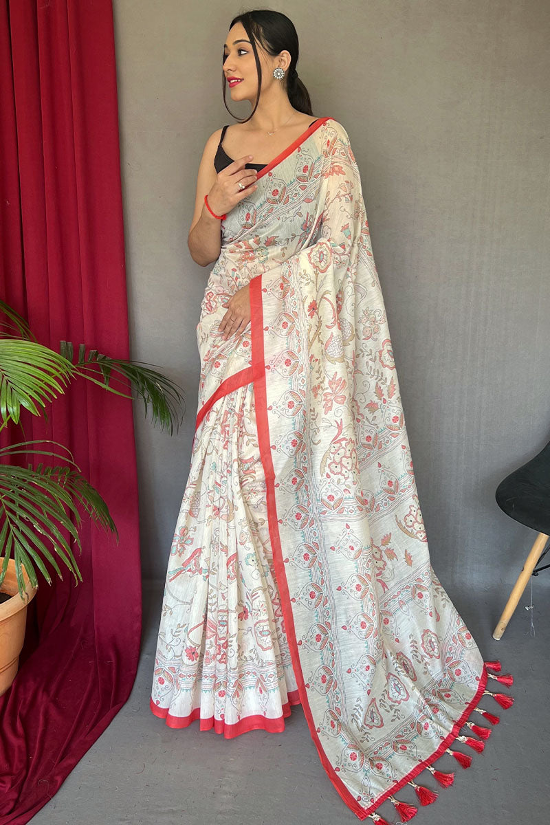 Splendorous White Cotton Silk Saree With Inimitable Blouse Piece - Mameraa