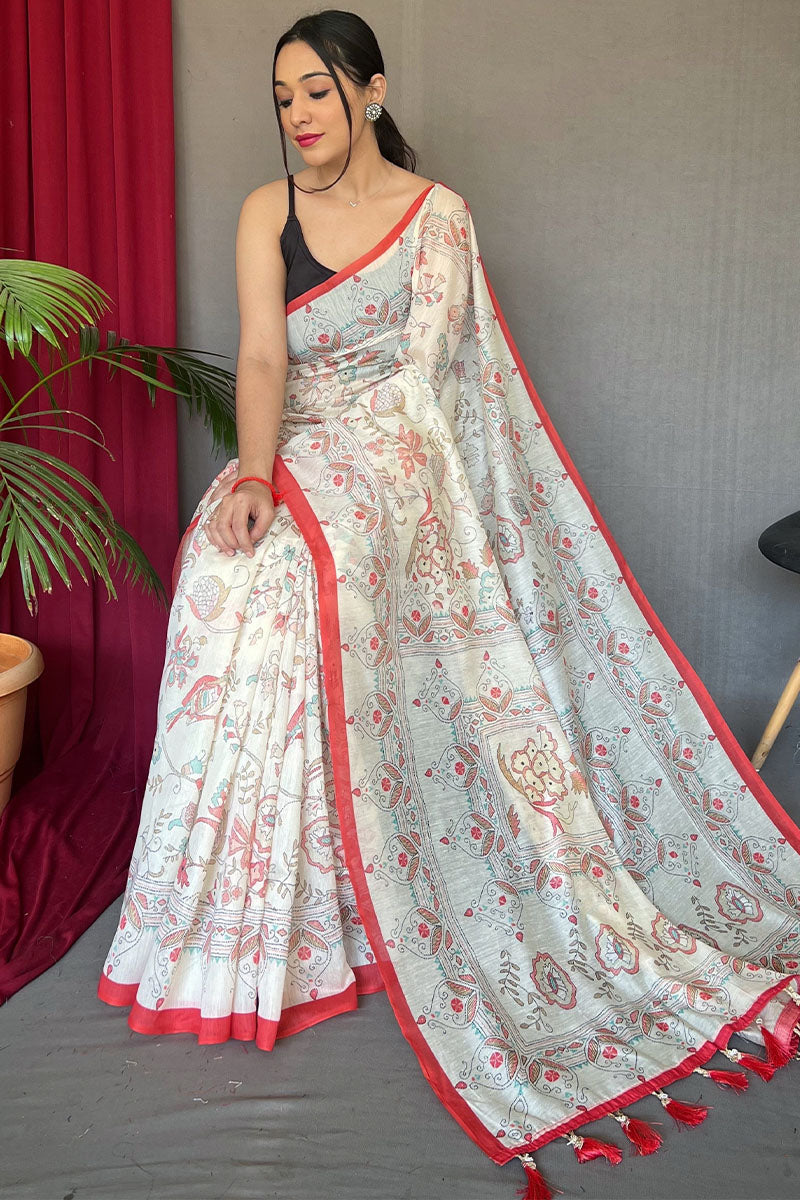 Splendorous White Cotton Silk Saree With Inimitable Blouse Piece - Mameraa