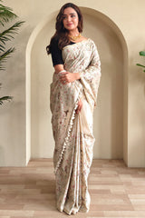 Classy Beige Embroidery Work Tussar Silk Saree With Staring Blouse Piece
