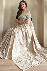 Classy Beige Embroidery Work Tussar Silk Saree With Staring Blouse Piece