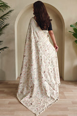 Classy Beige Embroidery Work Tussar Silk Saree With Staring Blouse Piece