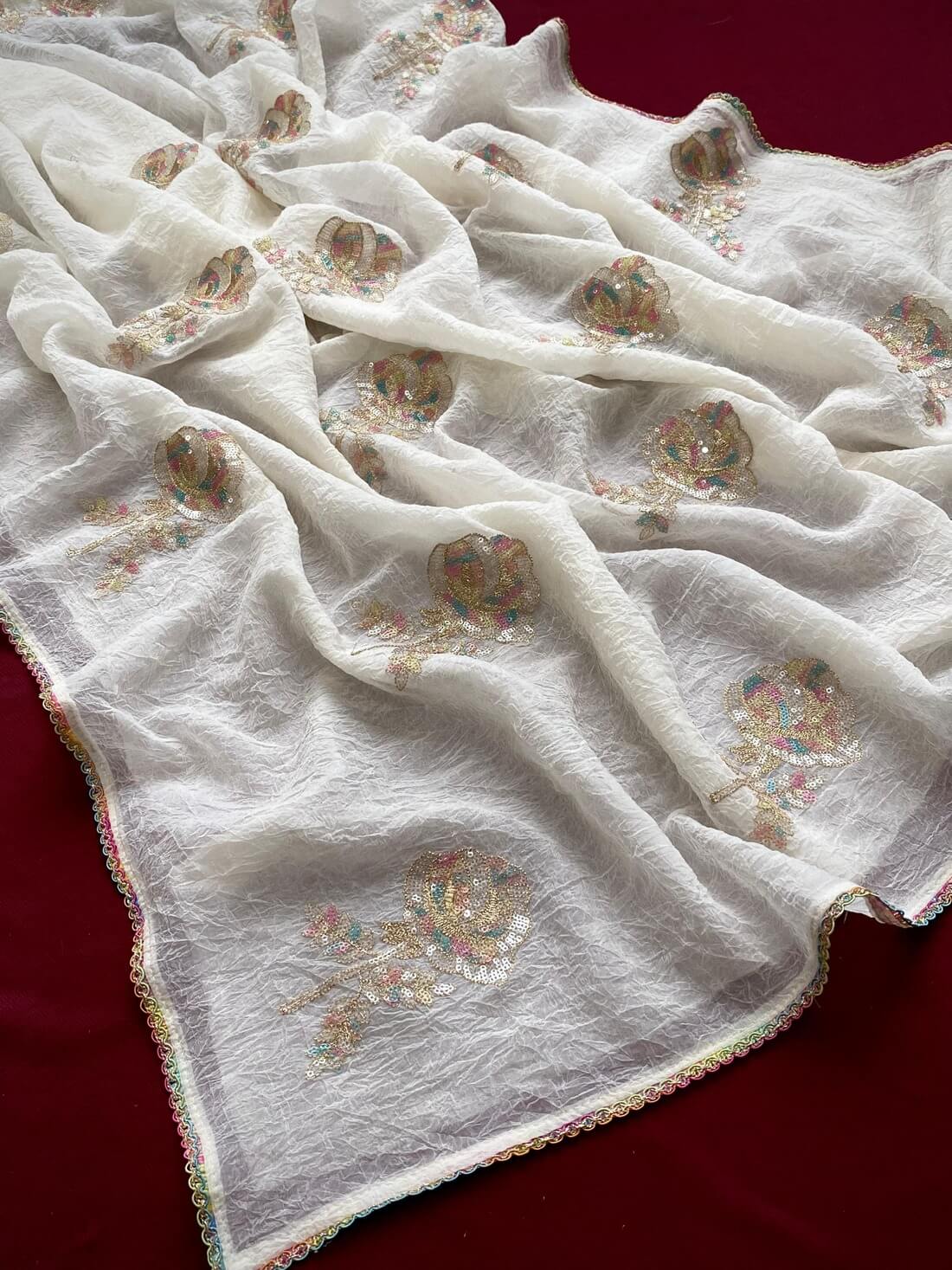 Arresting Off White Sequence Work Crush Silk Saree With Luxuriant Blouse Piece