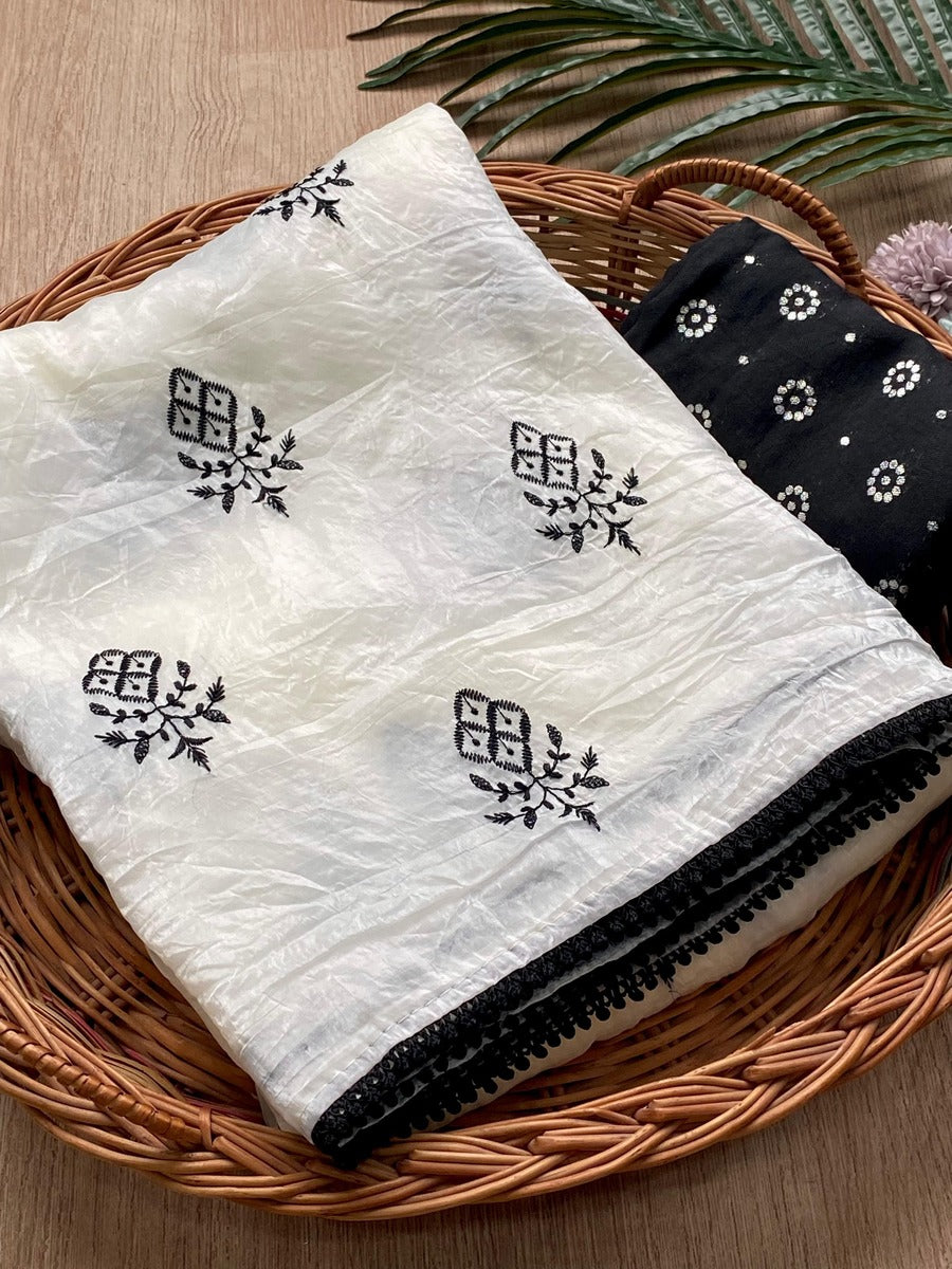 Snazzy Off White Embroidery Work Crush Silk Saree With Assemblage Blouse Piece