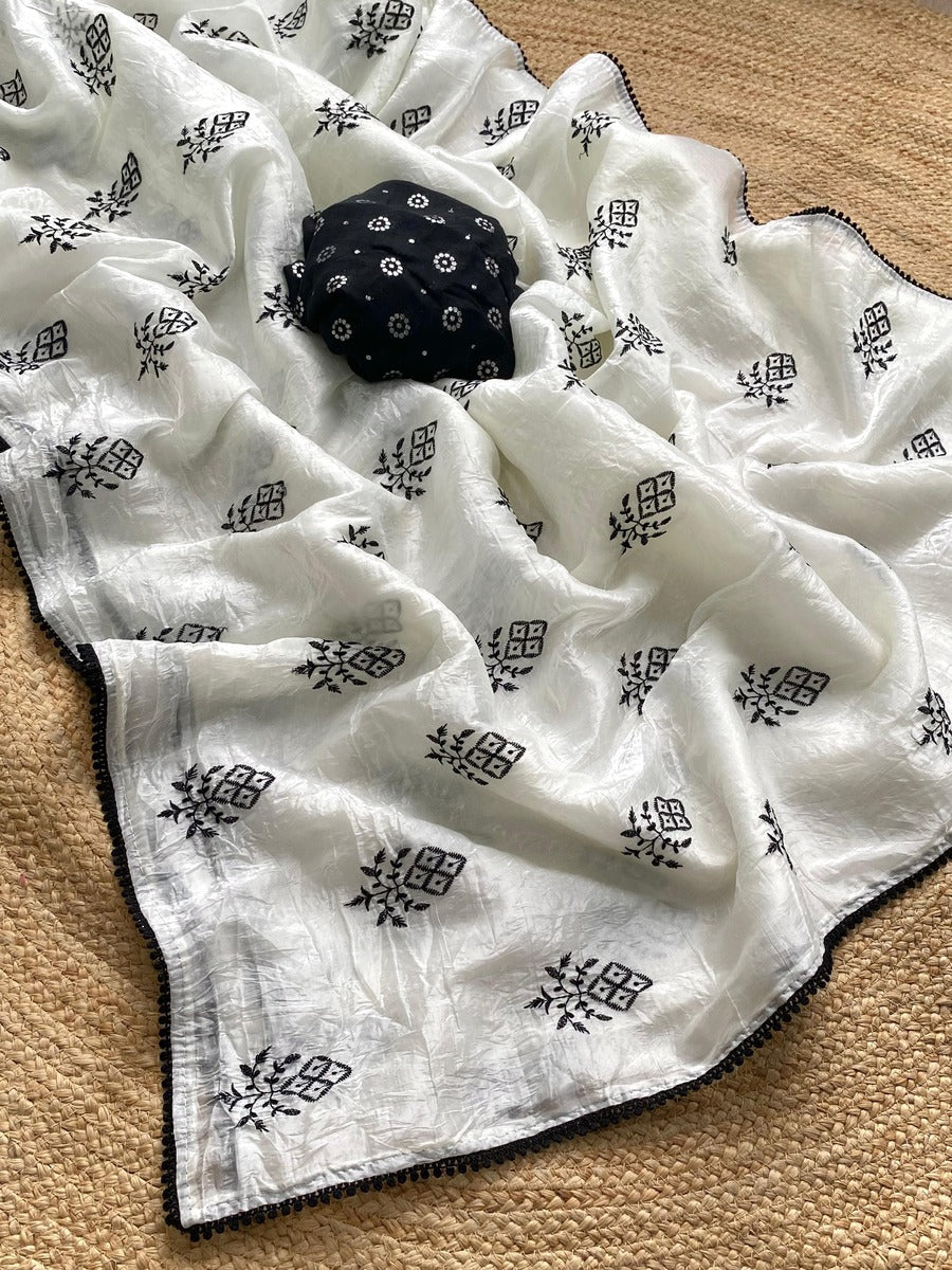 Snazzy Off White Embroidery Work Crush Silk Saree With Assemblage Blouse Piece