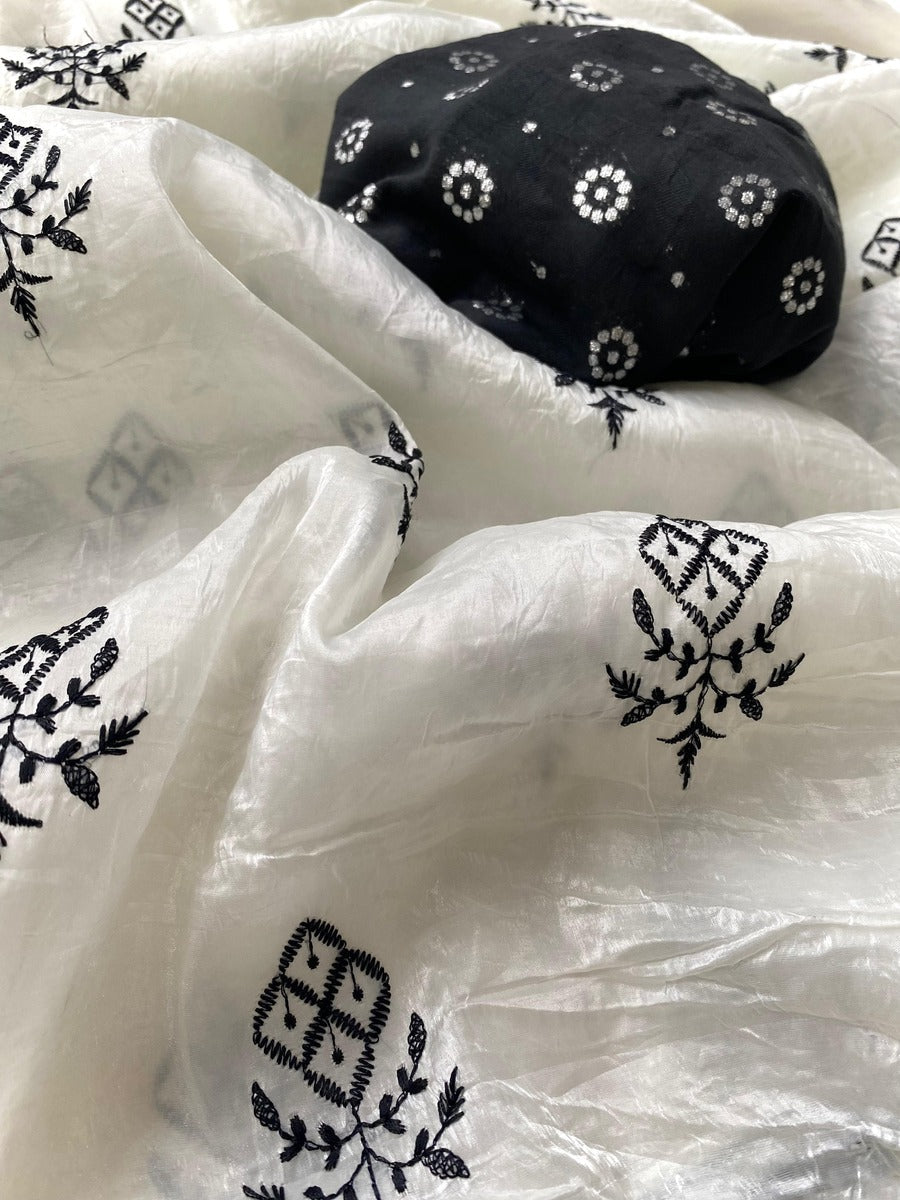 Snazzy Off White Embroidery Work Crush Silk Saree With Assemblage Blouse Piece