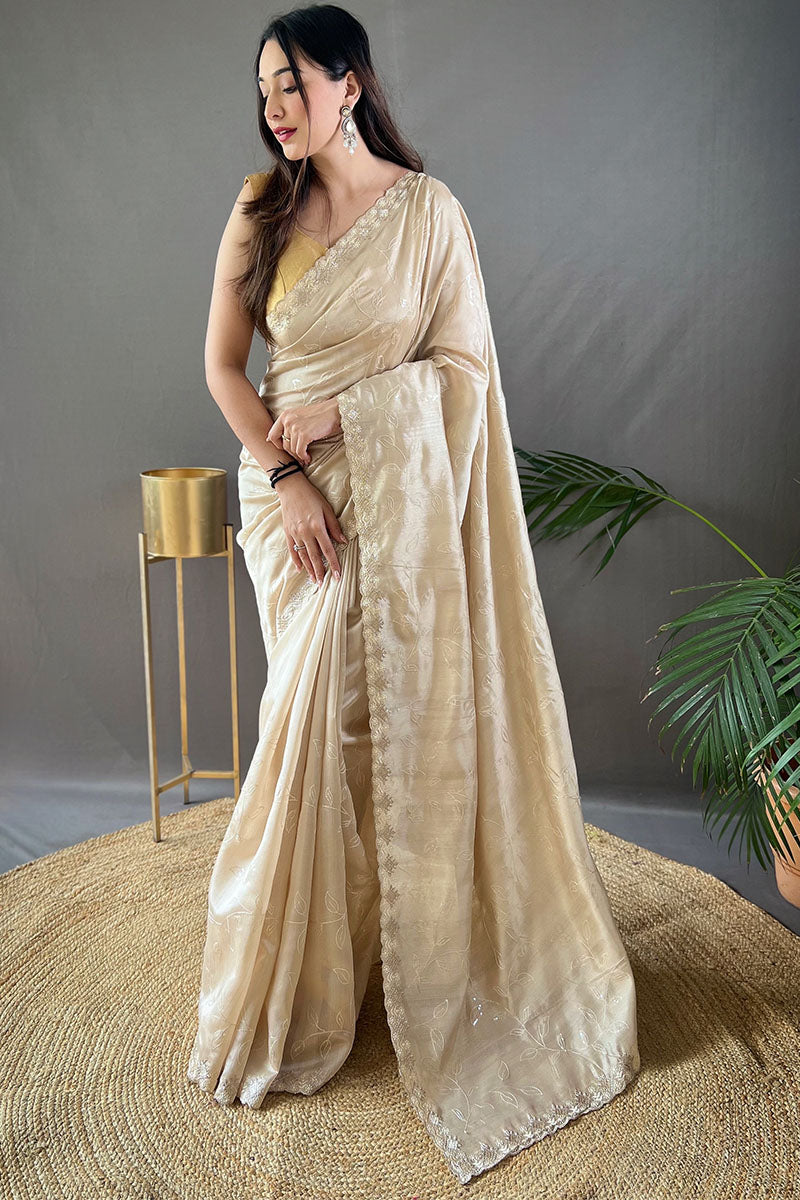 Pretty Beige Embroidery Work Soft Silk Saree With Phenomenal Blouse Piece