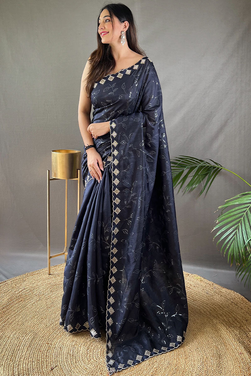 Breathtaking Navy Blue Embroidery Work Soft Silk Saree With Demanding Blouse Piece | Designer Saree | _altfin_Tasrika-Falak, Designer Saree, Heavy Collection | MarMera