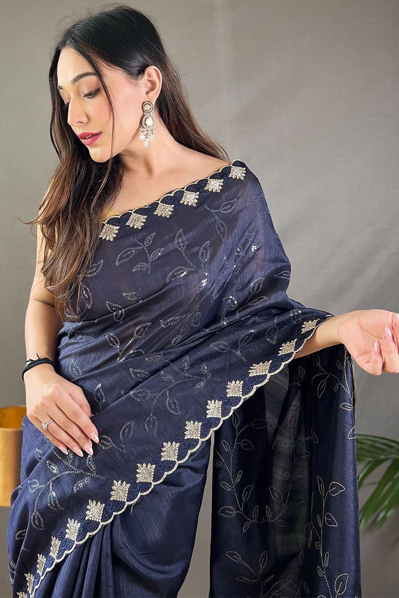 Breathtaking Navy Blue Embroidery Work Soft Silk Saree With Demanding Blouse Piece