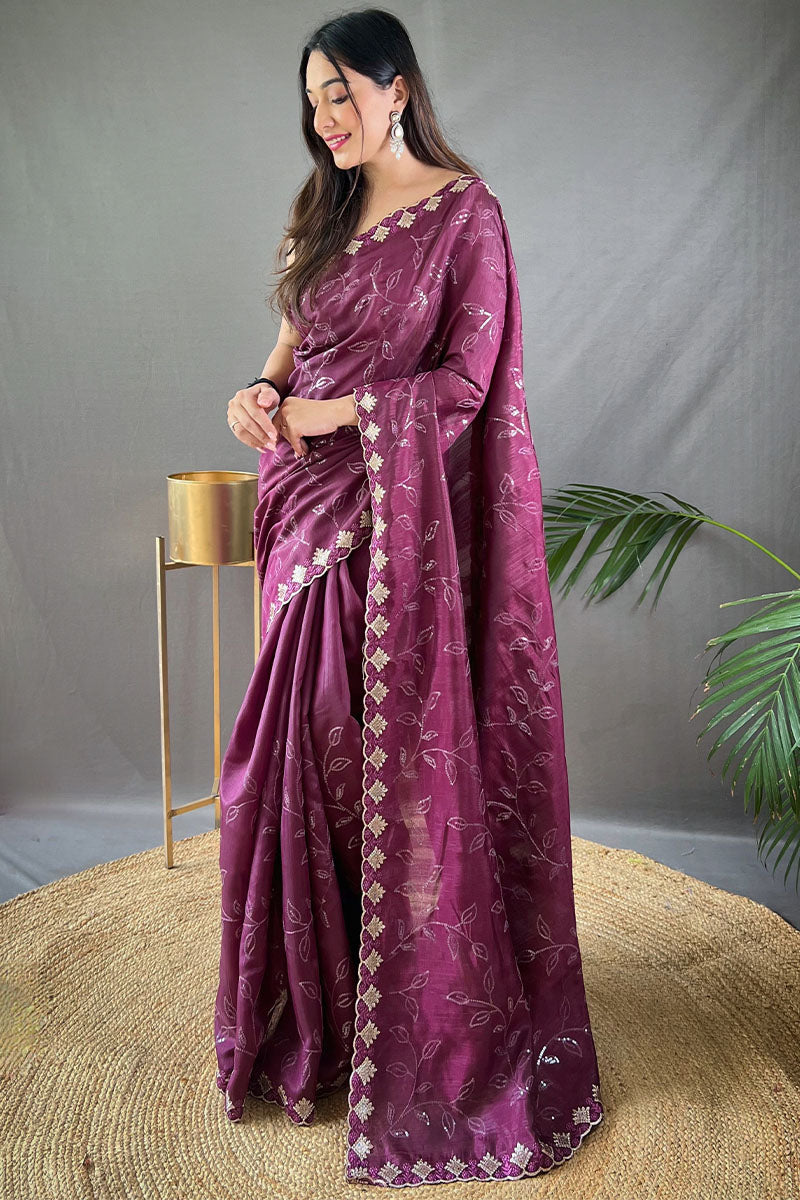 Energetic Wine Embroidery Work Soft Silk Saree With Deserving Blouse Piece