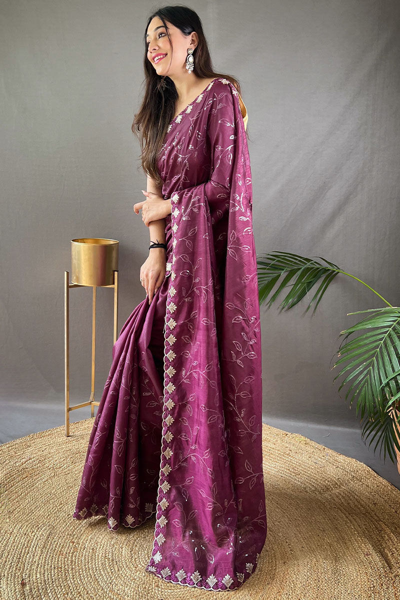 Energetic Wine Embroidery Work Soft Silk Saree With Deserving Blouse Piece