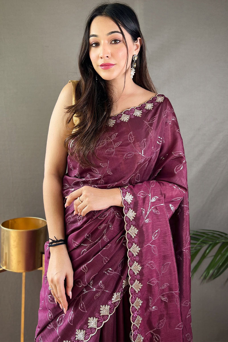 Energetic Wine Embroidery Work Soft Silk Saree With Deserving Blouse Piece