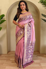 Resplendent Baby Pink Soft Banarasi Silk Saree With Magnificat Blouse Piece