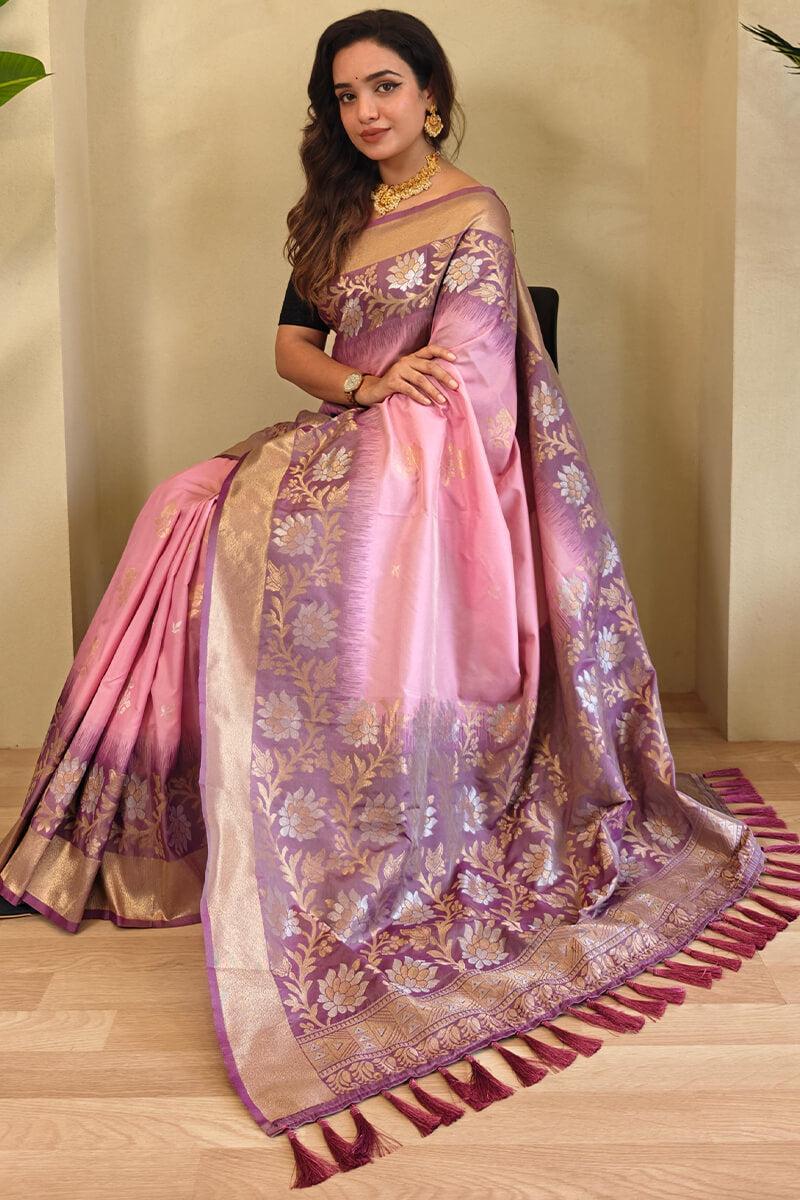 Resplendent Baby Pink Soft Banarasi Silk Saree With Magnificat Blouse Piece