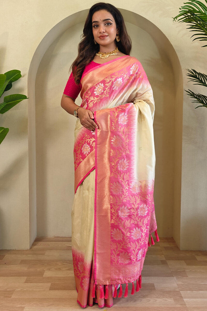 Enamoring Beige Soft Banarasi Silk Saree With Glowing Blouse Piece