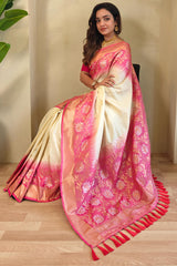 Enamoring Beige Soft Banarasi Silk Saree With Glowing Blouse Piece