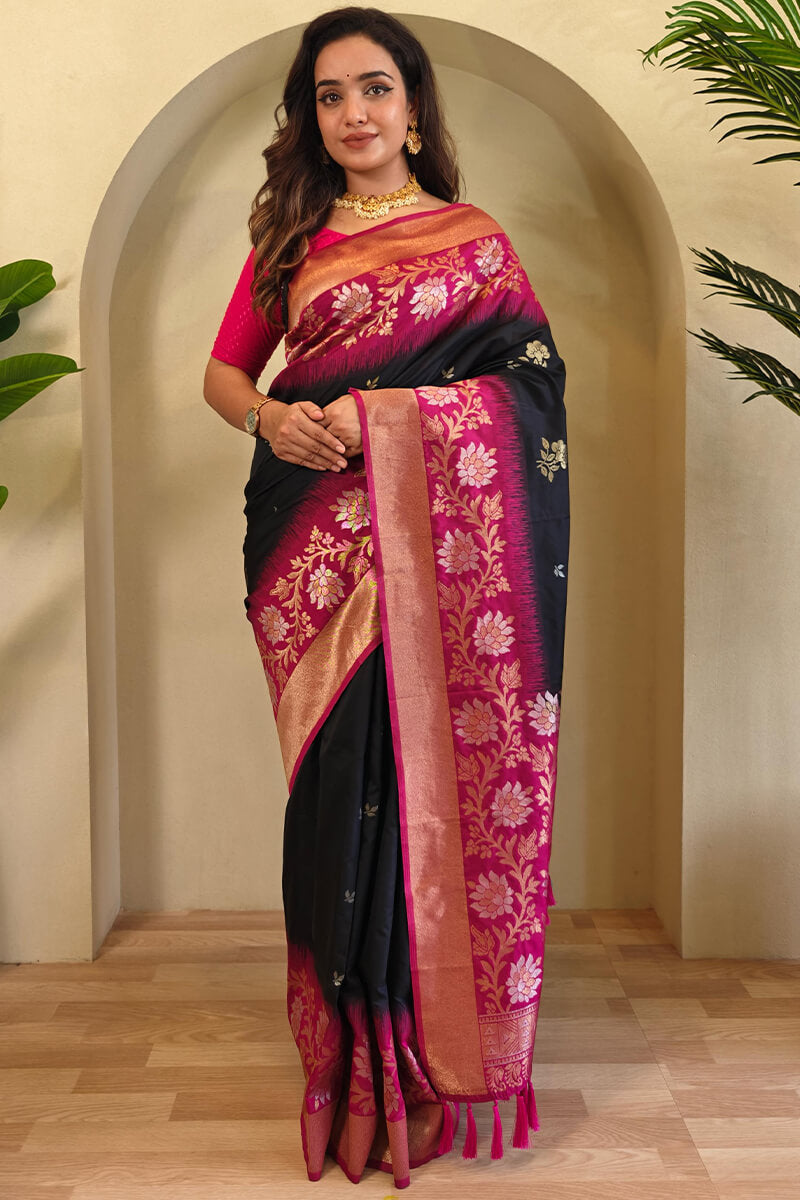 Desirable Black Soft Banarasi Silk Saree With Ephemeral Blouse Piece