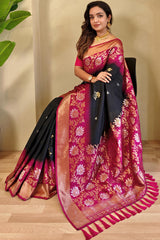 Desirable Black Soft Banarasi Silk Saree With Ephemeral Blouse Piece