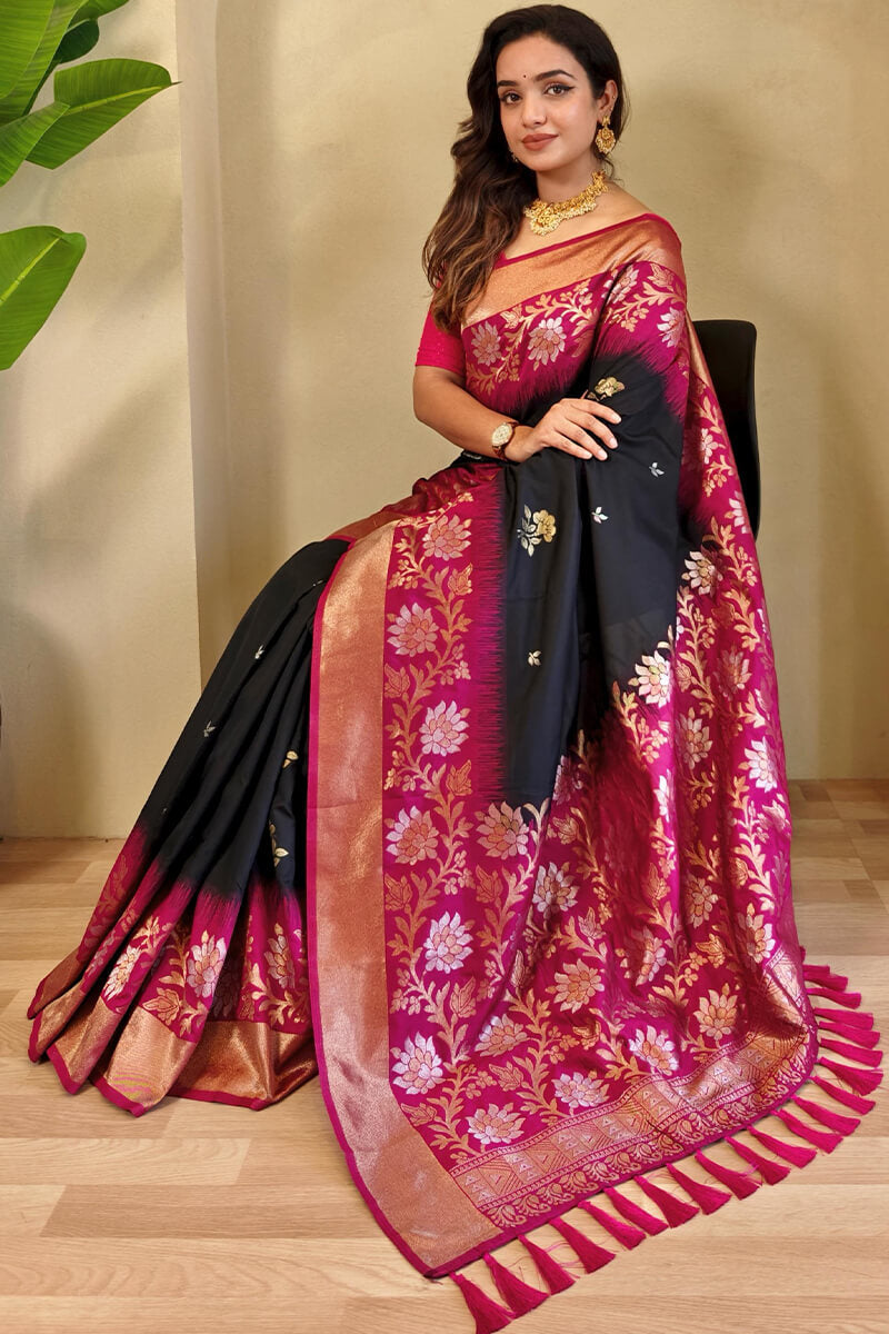 Desirable Black Soft Banarasi Silk Saree With Ephemeral Blouse Piece