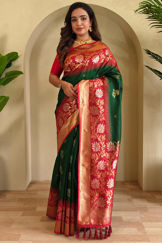 Groovy Dark Green Soft Banarasi Silk Saree With Demure Blouse Piece
