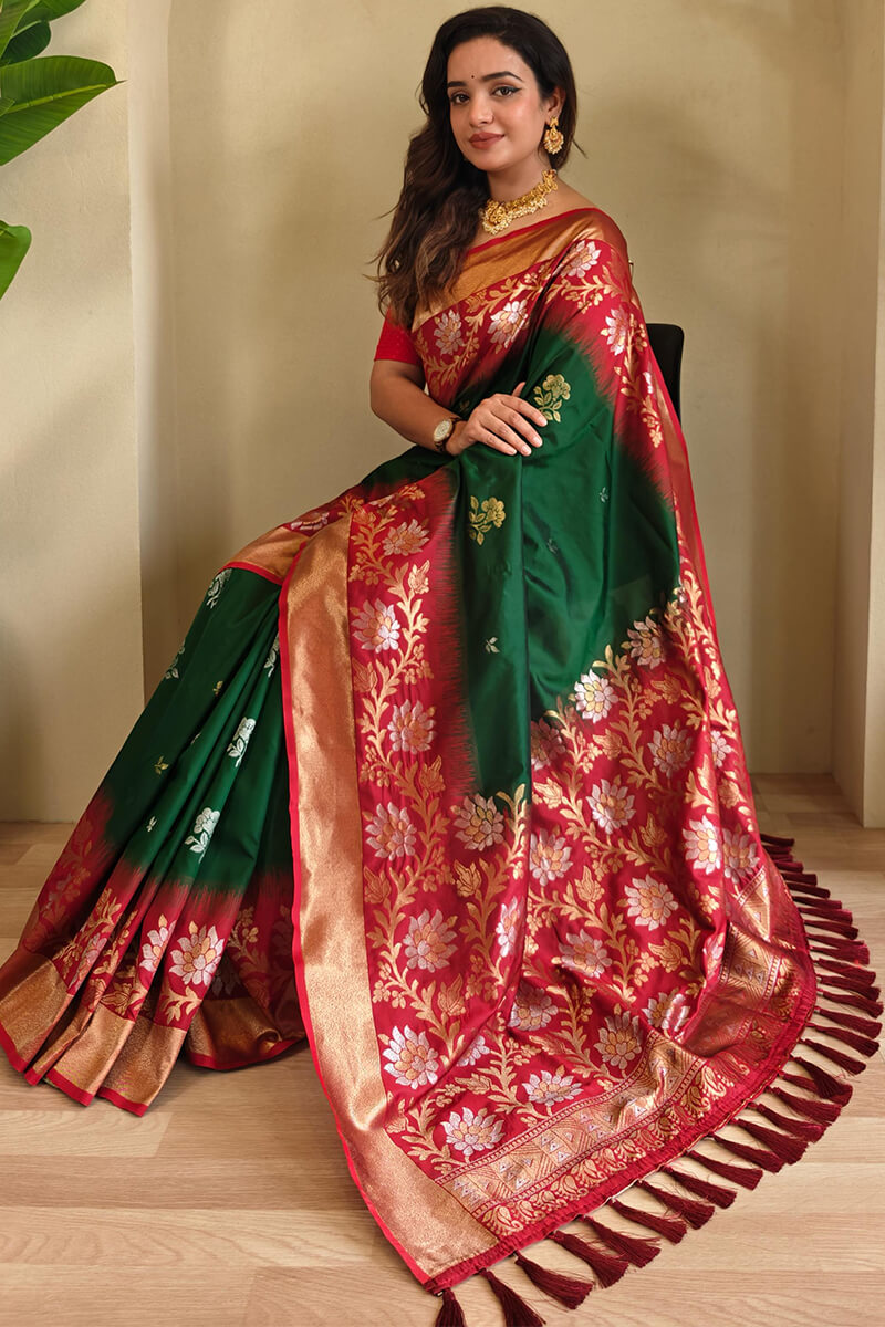 Groovy Dark Green Soft Banarasi Silk Saree With Demure Blouse Piece