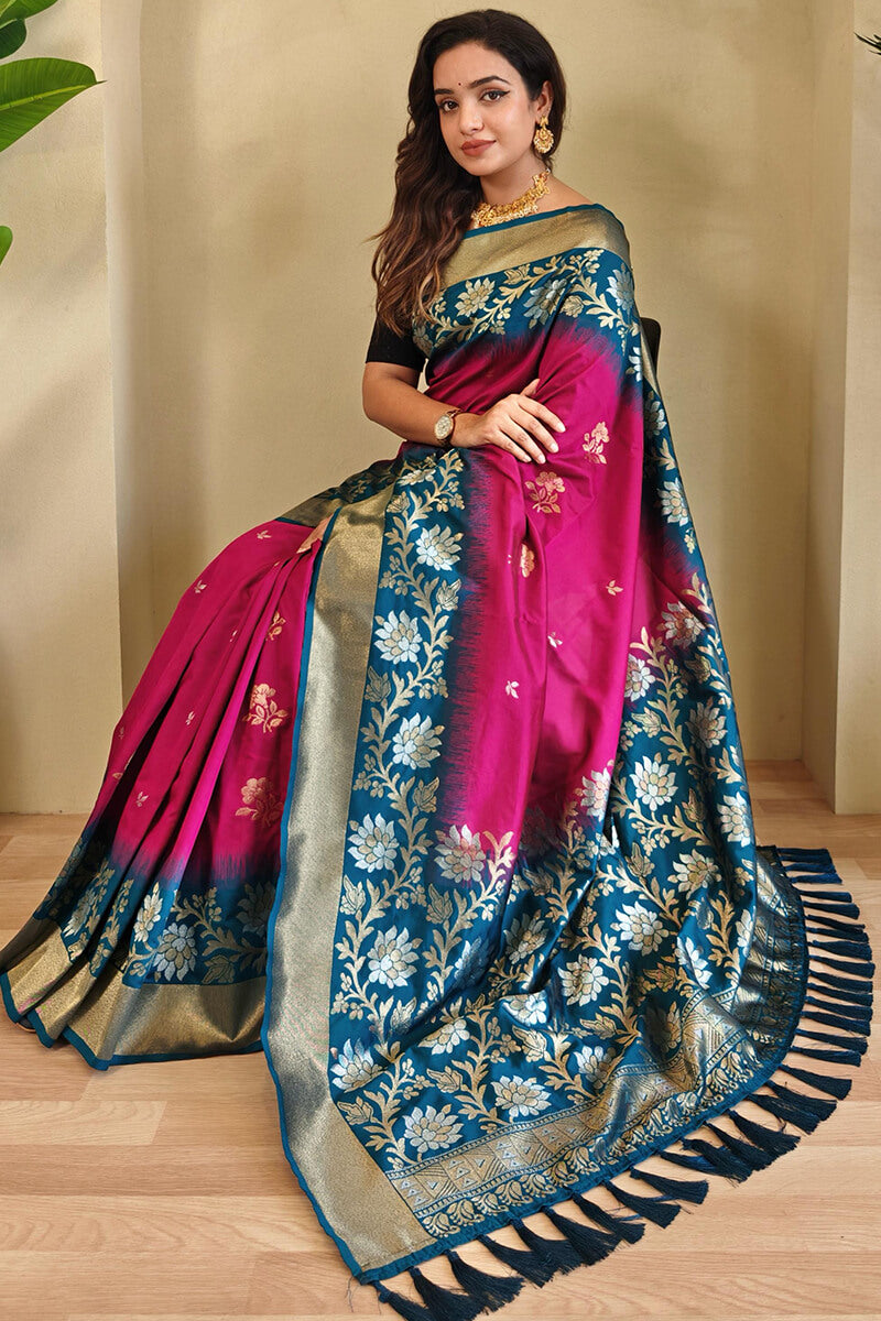Appealing Dark Pink Soft Banarasi Silk Saree With Gossamer Blouse Piece