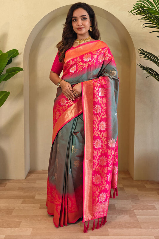 Exceptional Grey Soft Banarasi Silk Saree With Gratifying Blouse Piece