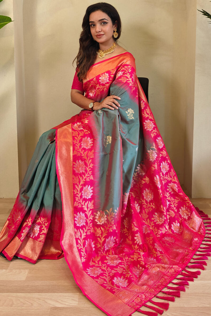Exceptional Grey Soft Banarasi Silk Saree With Gratifying Blouse Piece