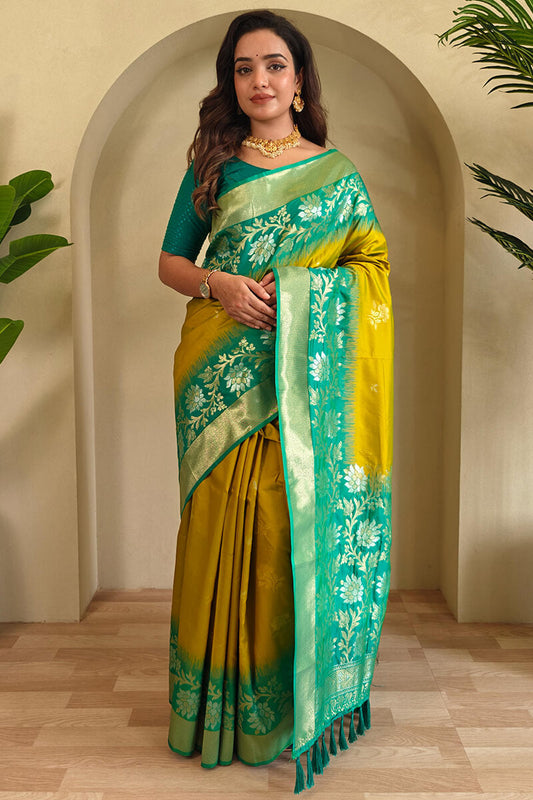 Flaunt Mustard Soft Banarasi Silk Saree With Inimitable Blouse Piece