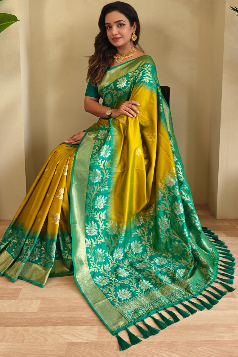 Flaunt Mustard Soft Banarasi Silk Saree With Inimitable Blouse Piece