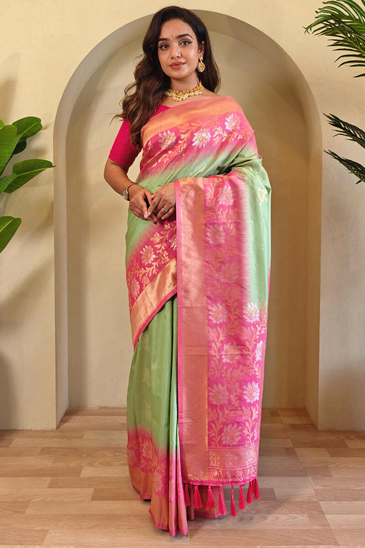 Ethereal Pista Soft Banarasi Silk Saree With Quixotic Blouse Piece
