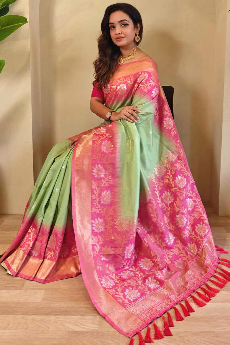 Ethereal Pista Soft Banarasi Silk Saree With Quixotic Blouse Piece