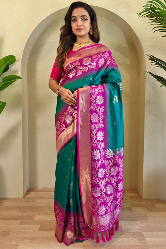 Jazzy Rama Soft Banarasi Silk Saree With Fantabulous Blouse Piece