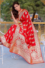 Enchanting Red Soft Banarasi Silk Saree With Imaginative Blouse Piece