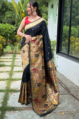 Pretty Black Paithani Silk Saree With Sizzling Blouse Piece