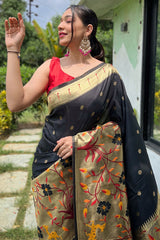 Pretty Black Paithani Silk Saree With Sizzling Blouse Piece