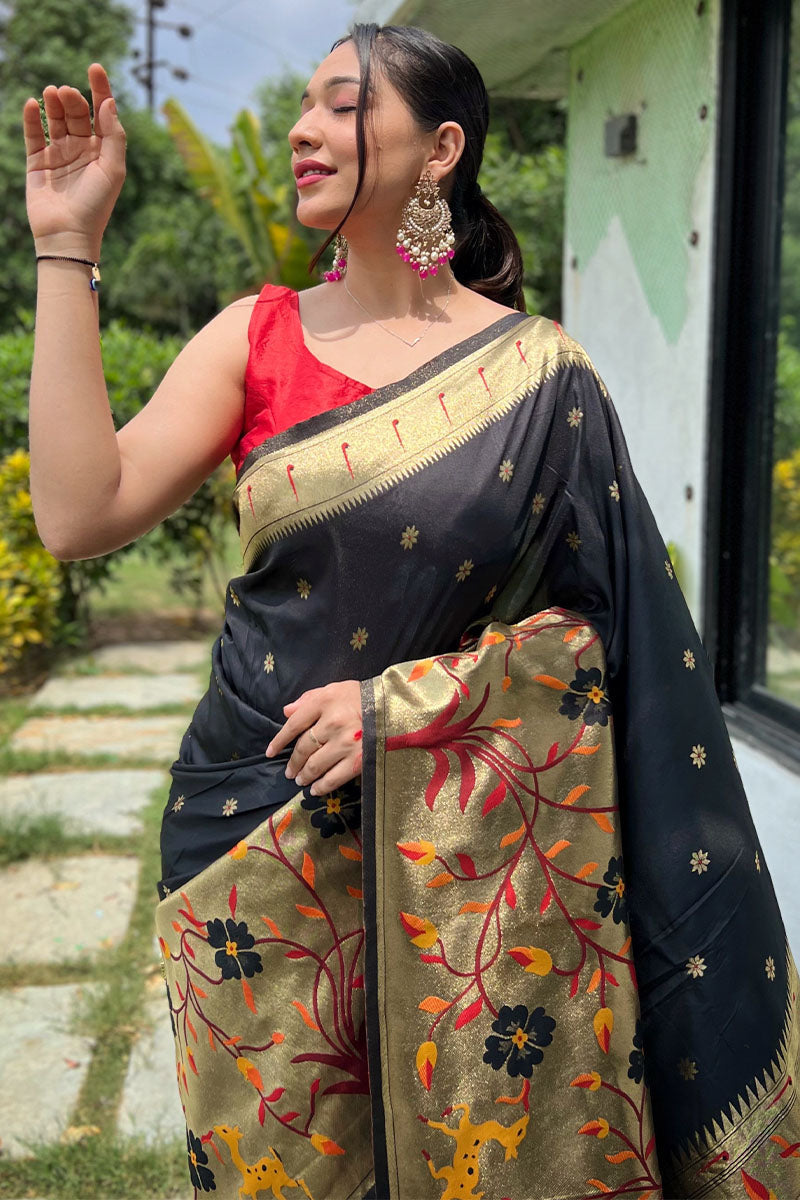 Pretty Black Paithani Silk Saree With Sizzling Blouse Piece