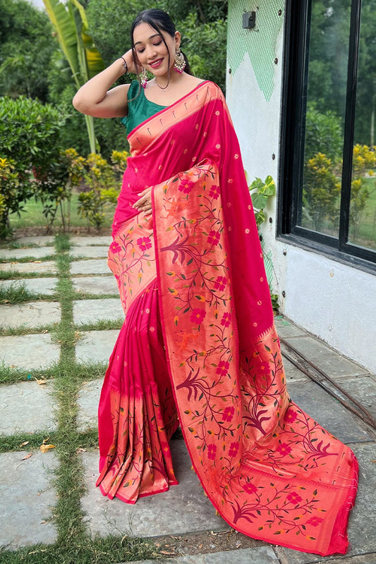 Engrossing Dark Pink Paithani Silk Saree With Blissful Blouse Piece