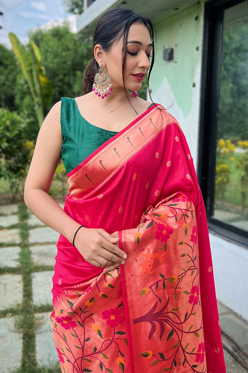 Engrossing Dark Pink Paithani Silk Saree With Blissful Blouse Piece