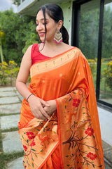 Gossamer Orange Paithani Silk Saree With Ratatouille Blouse Piece