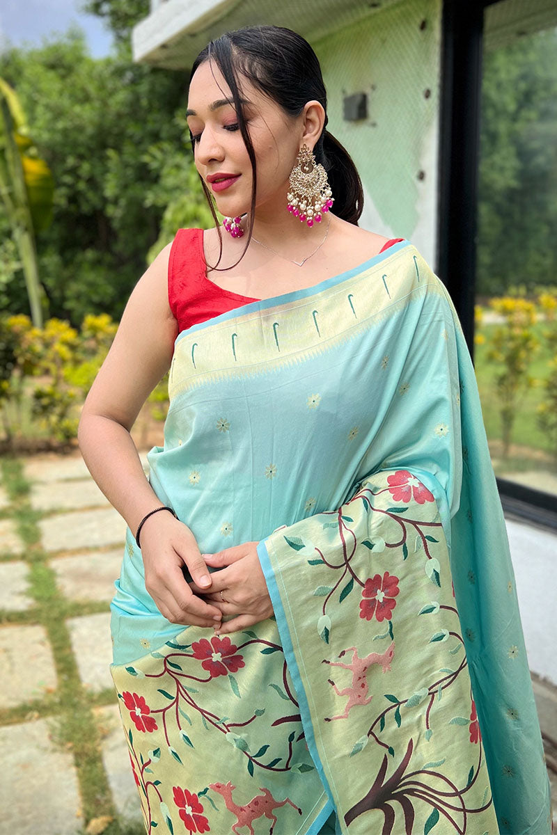 Divine Sky Paithani Silk Saree With Admirable Blouse Piece