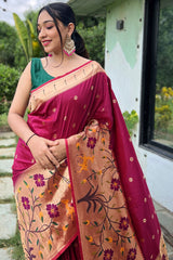 Blissful Wine Paithani Silk Saree With Arresting Blouse Piece