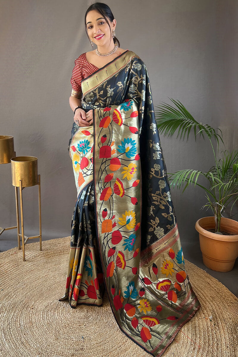 Invaluable Black Paithani Silk Saree With Designer Blouse Piece