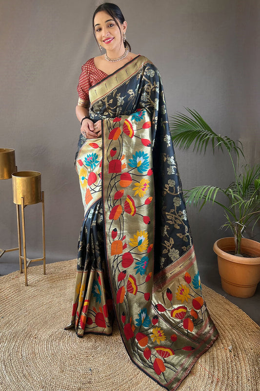 Invaluable Black Paithani Silk Saree With Designer Blouse Piece