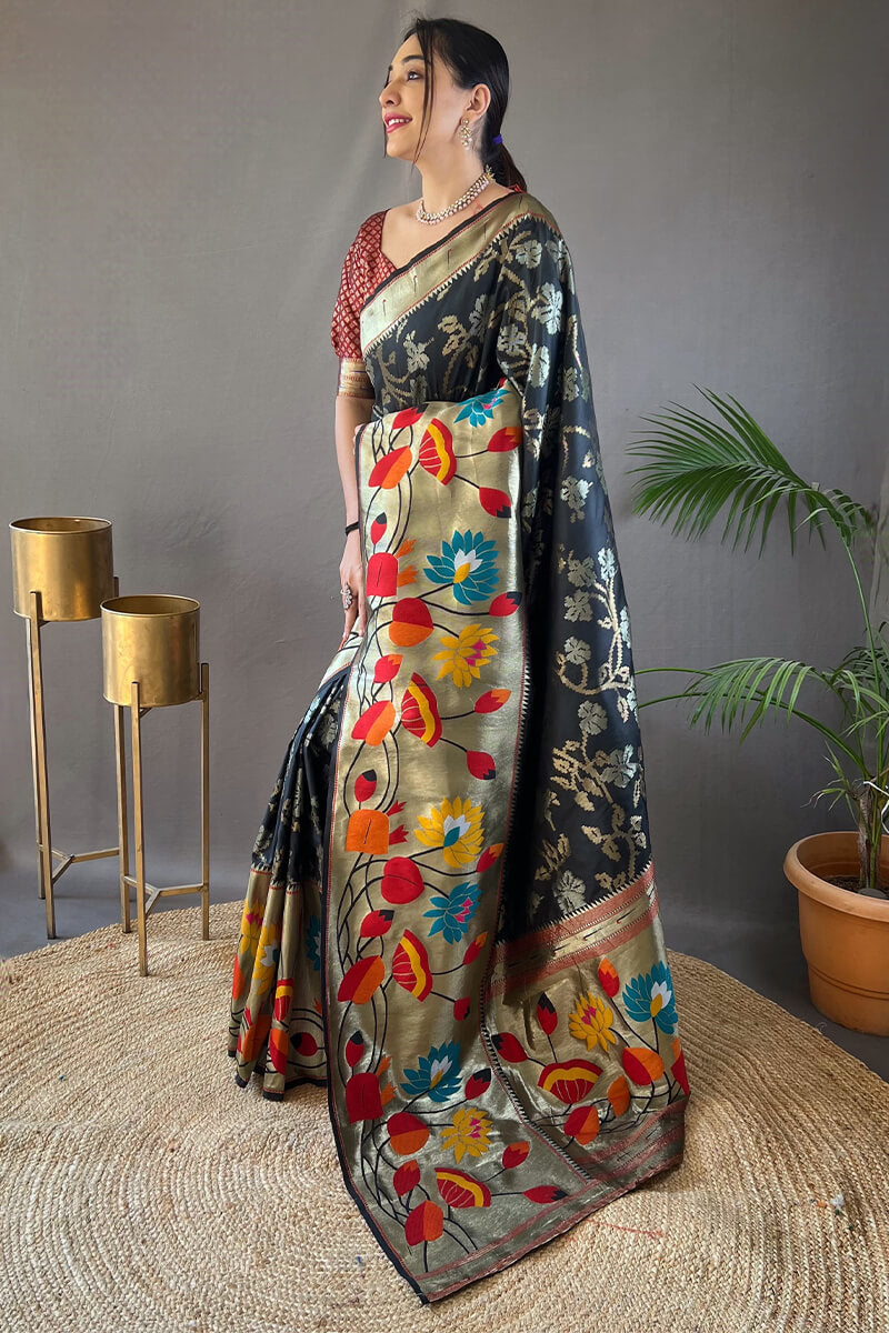Invaluable Black Paithani Silk Saree With Designer Blouse Piece