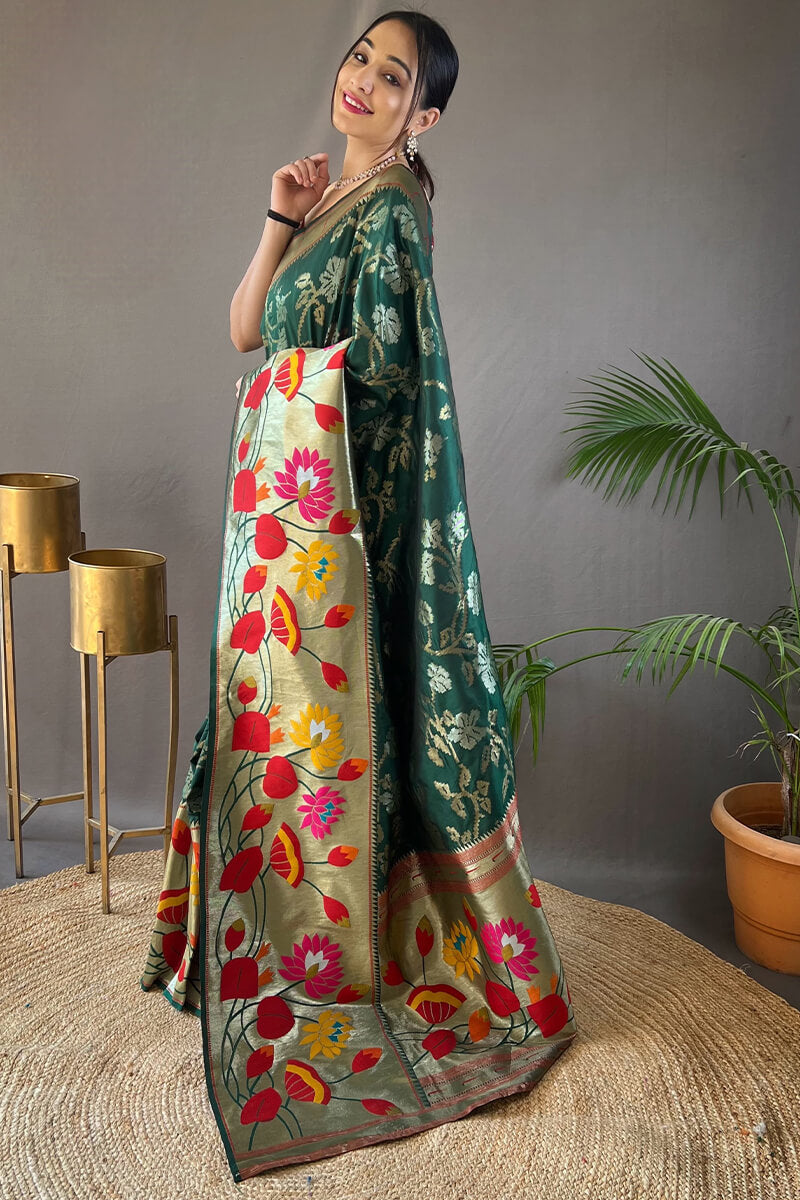 Energetic Dark Green Paithani Silk Saree With Deserving Blouse Piece
