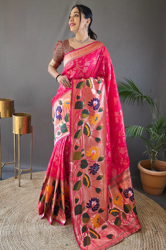 Lovely Dark Pink Paithani Silk Saree With Mesmerising Blouse Piece
